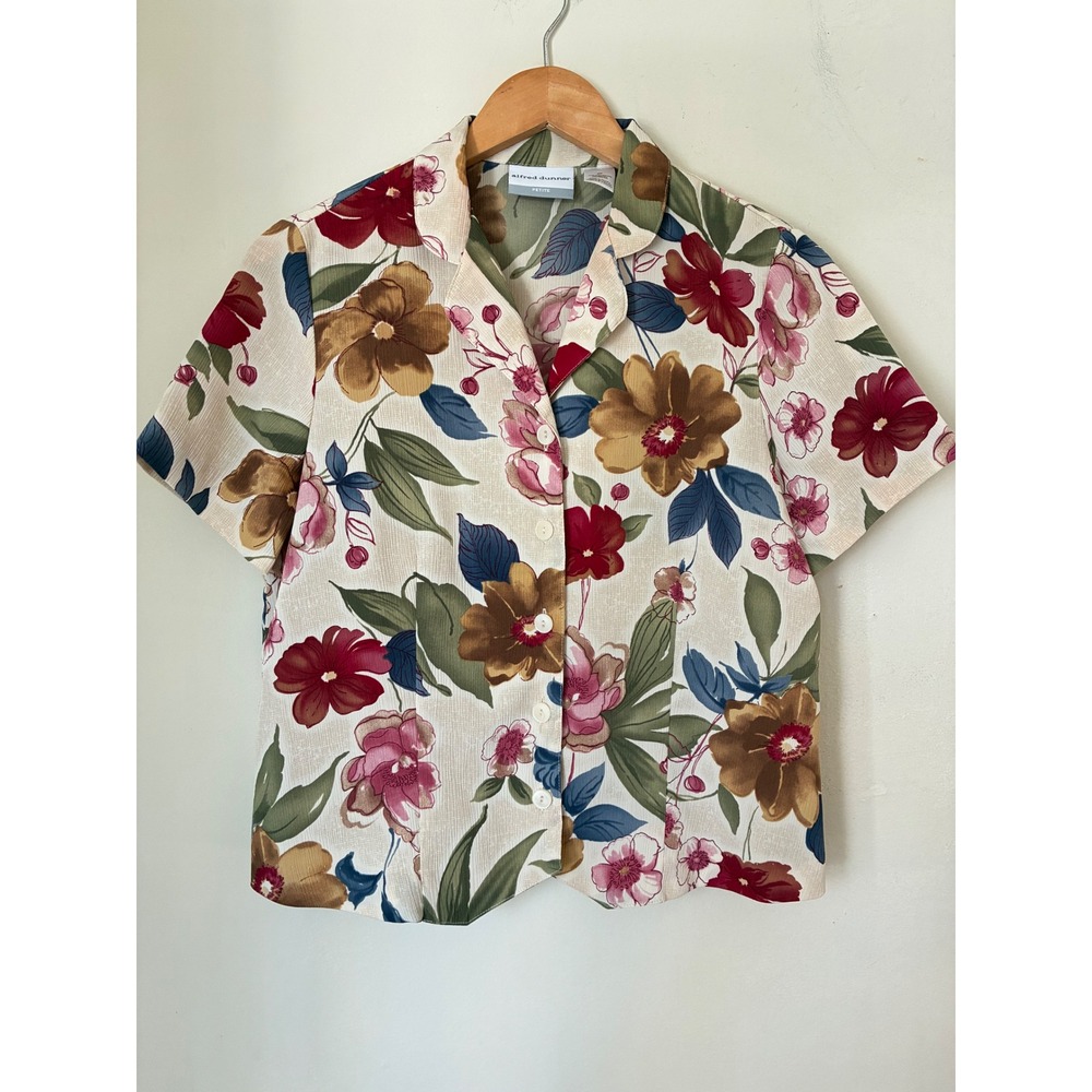 Alfred Dunner Petite Y2K Floral Button Up Shirt Short Sleeve Cream Multi 8P